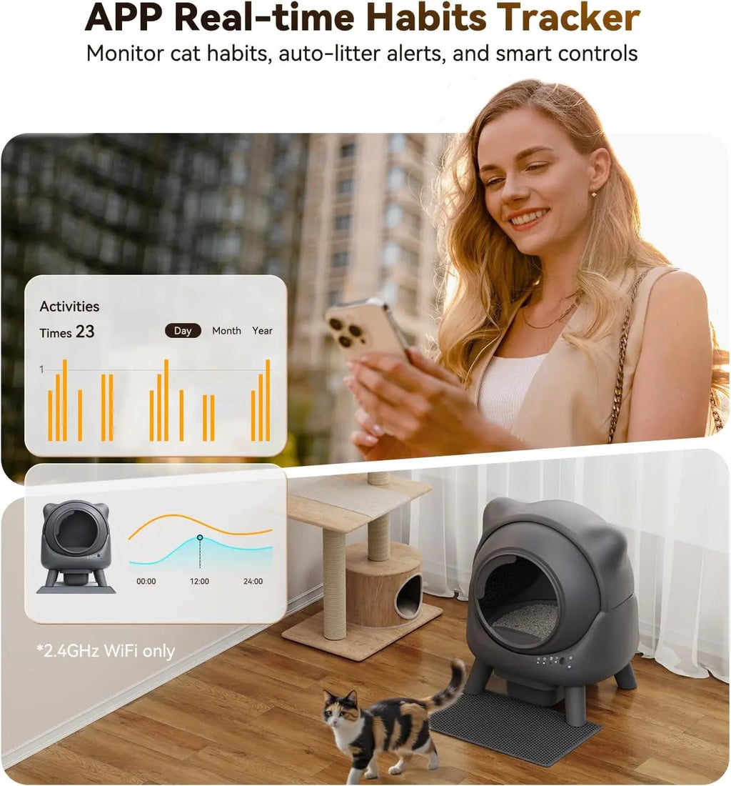 Automatic Self-Cleaning Cat Litter Box 65 L – Odor Control, App Monitor, Black