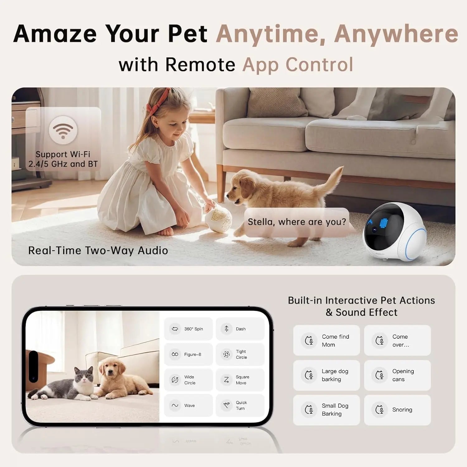 Movable Pet Camera Robot 1080P Two Way Audio Night Vision Auto Recharge
